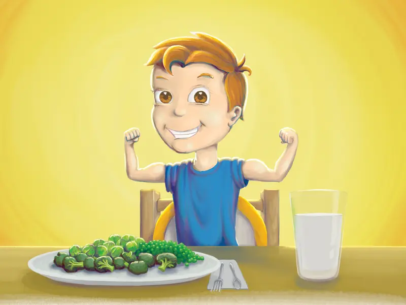 A boy flexes his muscles beside a plate of broccoli and a glass of milk, from The Growing Bed
