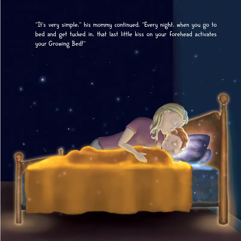 Mom tucks her son into bed