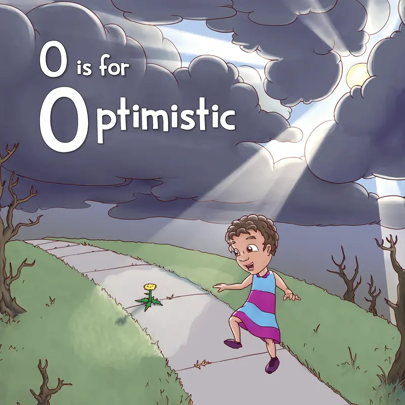 O is for Optimistic: a girl walks out of a storm toward sunlight