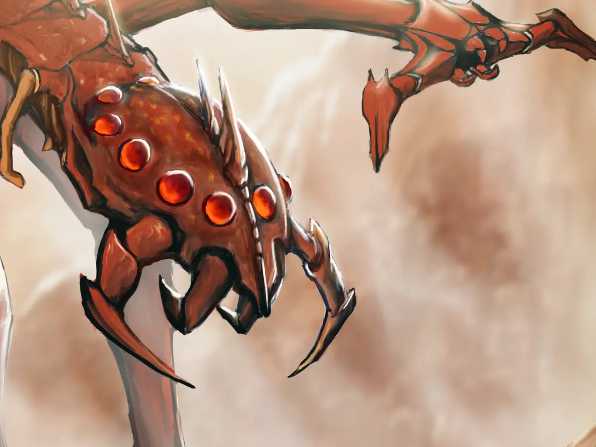 A red, many-eyed creature with hooked claws, from Charlie’s concept art