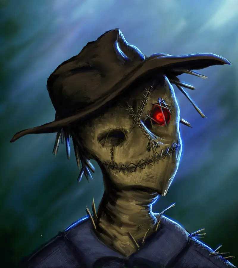 A scarecrow with one glowing red eye