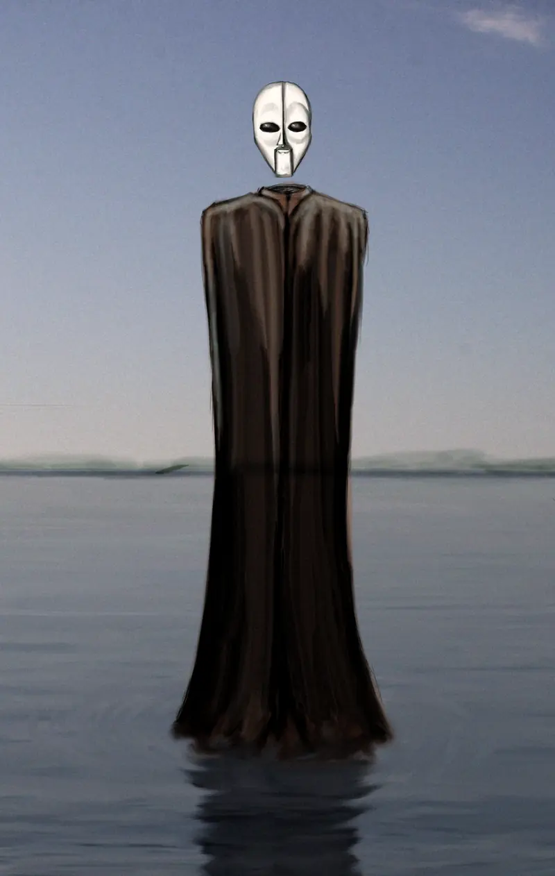A tall cloaked figure in a white mask standing in still water