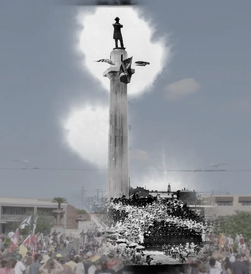 A statue on its column rising out of cloud above an archival crowd