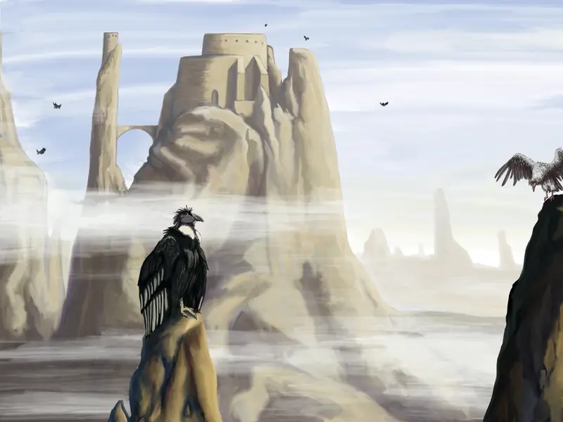 Condors perch on rock pinnacles in a misty canyon below a castle on a mesa