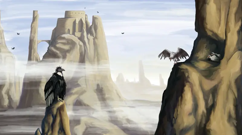 Condors on rock pinnacles in a misty canyon below a castle