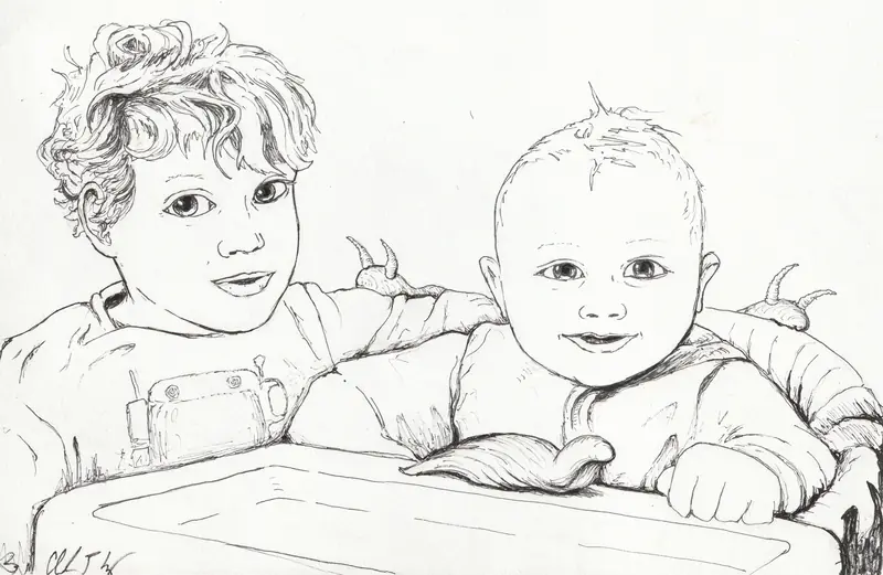 Pencil portrait of two children