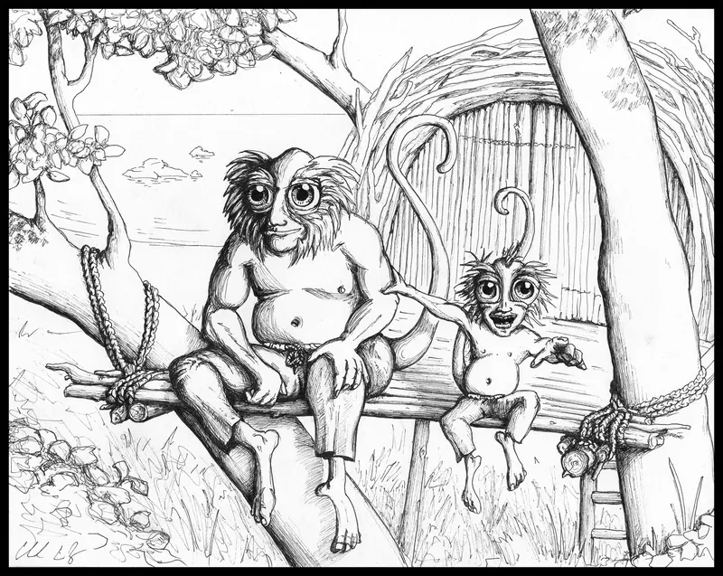 Father and child in a treehouse, pen and ink