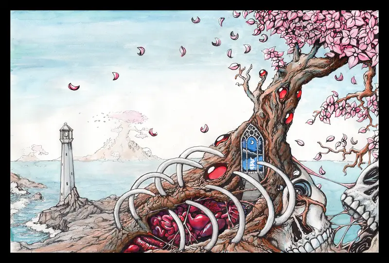 A blossoming tree growing from a ribcage beside a lighthouse