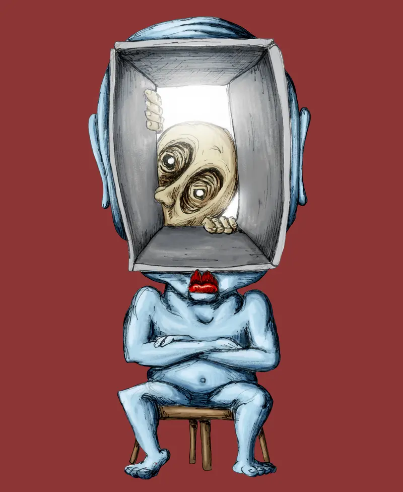 A box-headed figure sitting on a stool