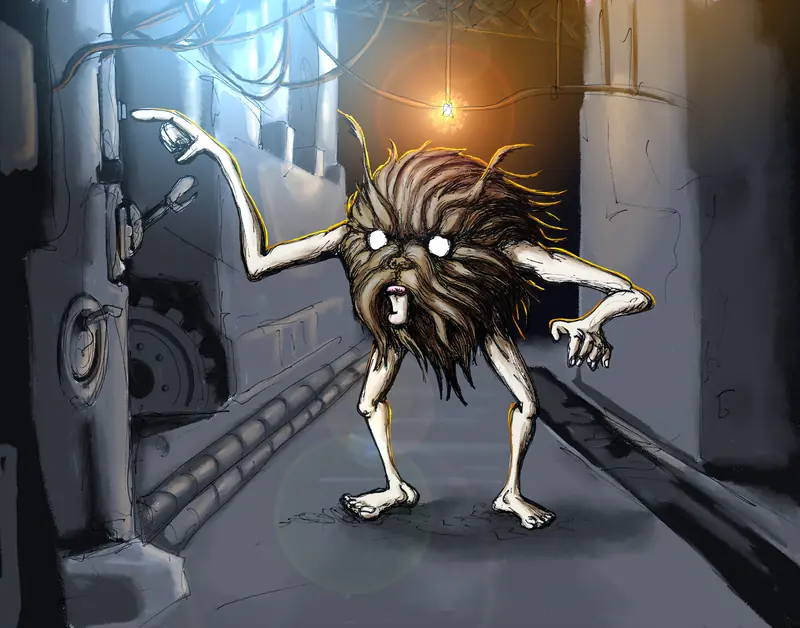 A hairy creature flipping a switch in a machine room
