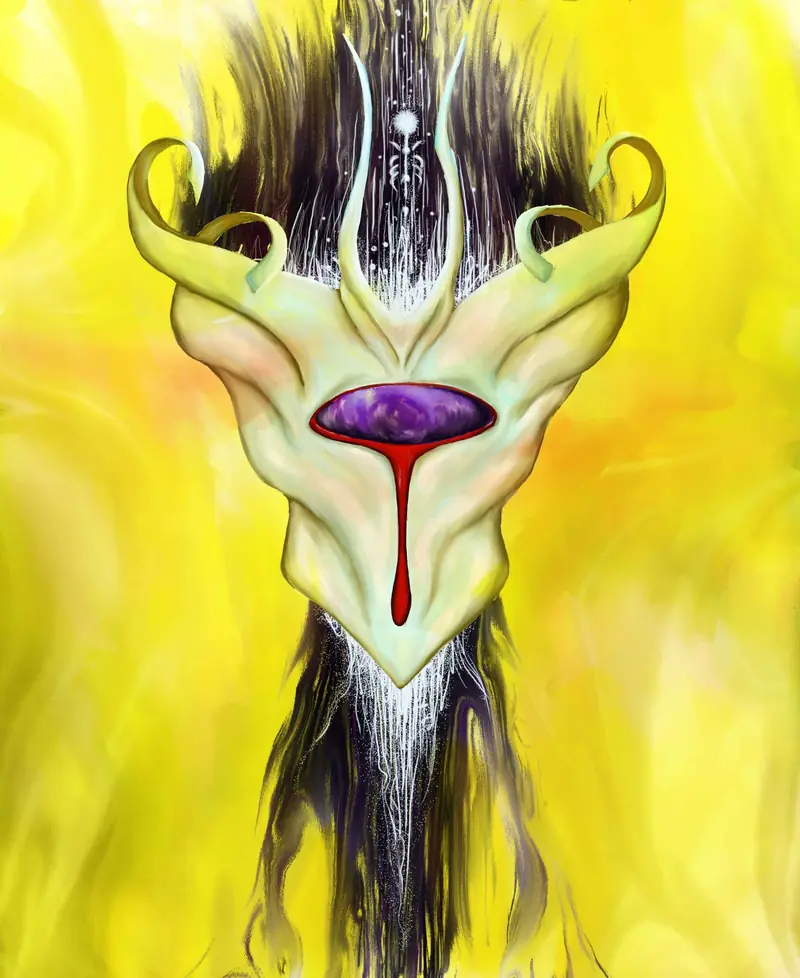 A yellow mask with a bleeding eye