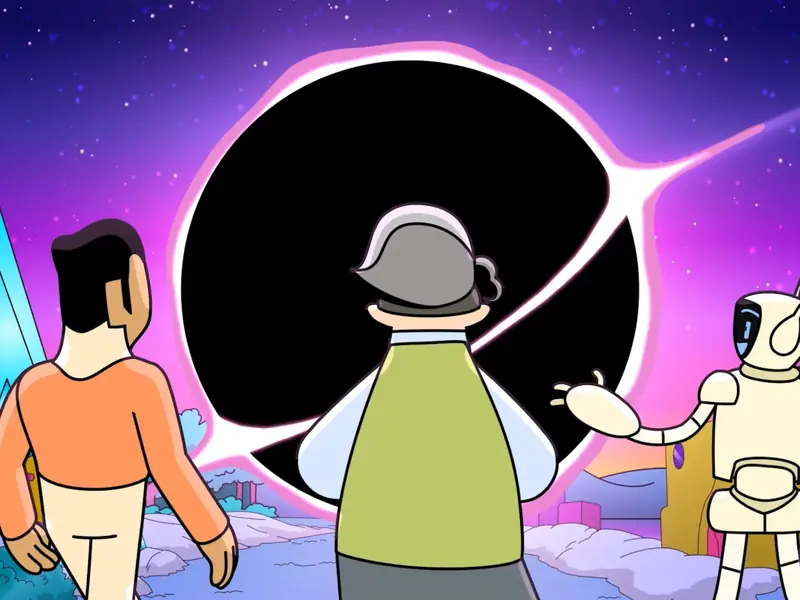 A boy, his grandmother and R.A.K.O. the robot stand before a glowing black portal on a crystal planet