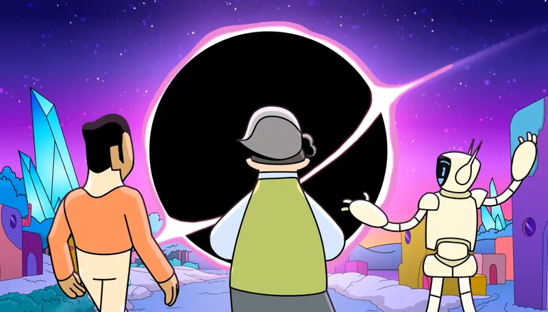 A boy, his grandmother and R.A.K.O. before a glowing black portal on a crystal planet