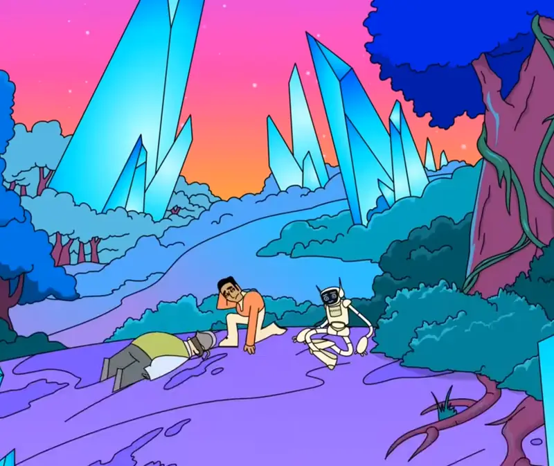 The boy and R.A.K.O. sprawled on a purple hillside below giant crystals