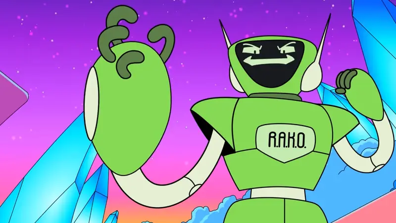 A green robot flexes in front of a pink sky